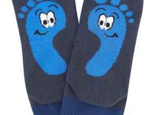 Calcetines anatómicos barefoot VoXX vistos desde la planta, con una huella en el diseño, ergonómicos con puntera ancha, color azul oscuro y gris