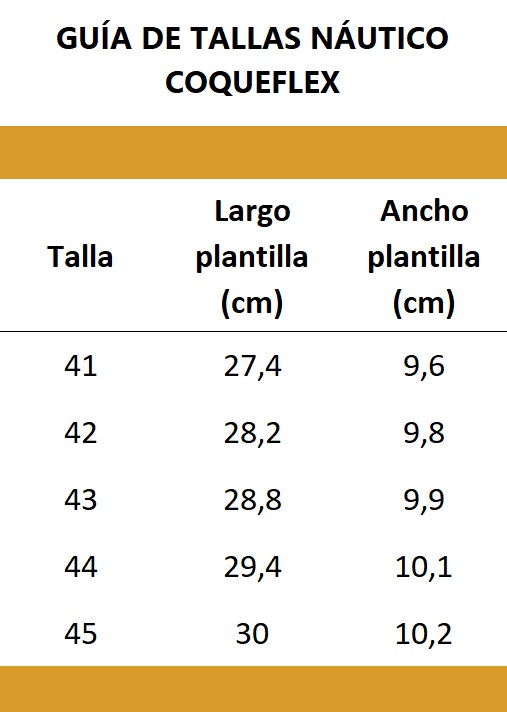 guía de tallas náutico barefoot coqueflex