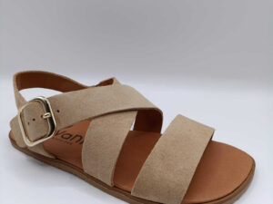 Sandalias barefoot mujer beige modelo Lino Vivant en serraje tono camello con suela fina sin drop lateral exterior