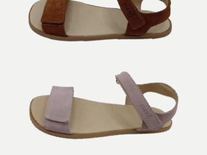 Sandalias barefoot mujer Flexinens en serraje marrón desert y rosa palo arce con cierre de velcro