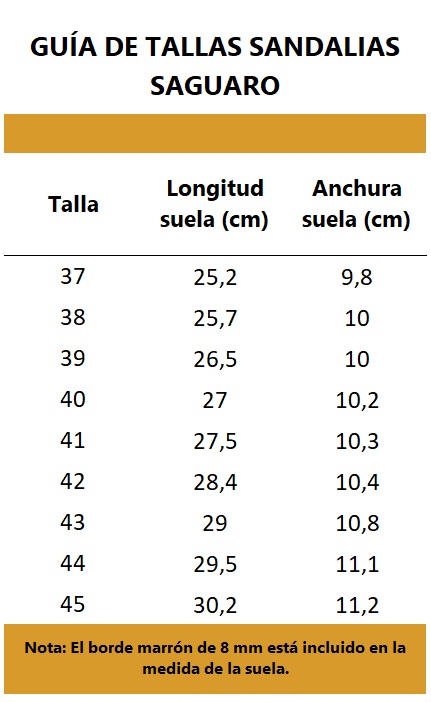 guía de tallas sandalia barefoot Saguaro con medidas de suela y ajuste
