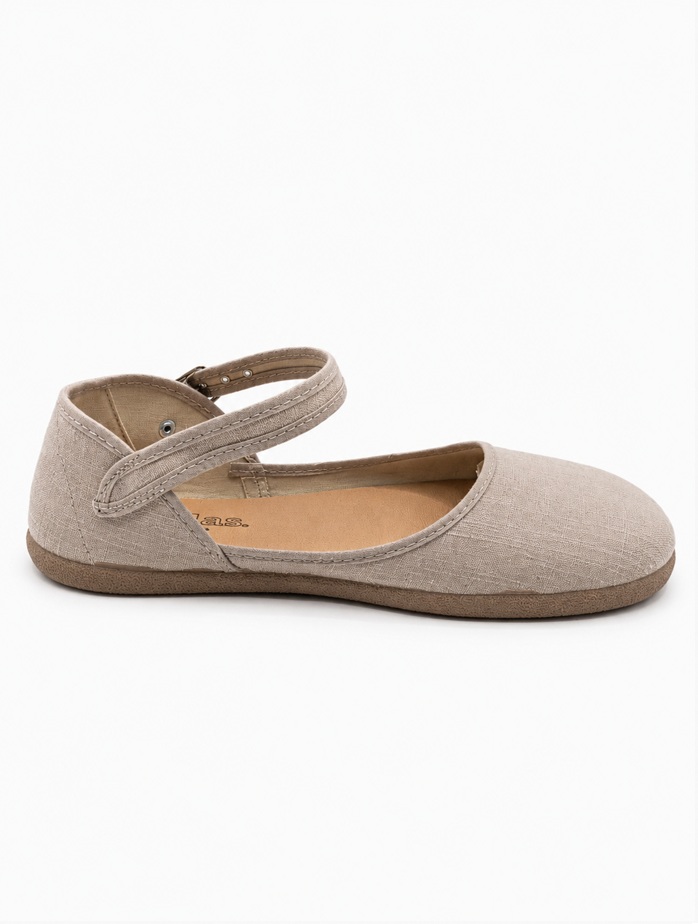 Mercedita barefoot Batilas de tejido Roma color taupe beige claro con cierre de hebilla, perfil lateral.