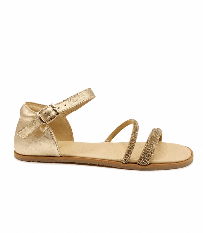 Sandalia barefoot Flexi Nens modelo Cava color cava en piel elegante con hebilla y dos tiras de brillo en el empeine