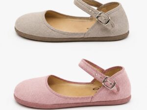 Merceditas barefoot Batilas de mujer con hebilla al tobillo color topo y rosa, calzado respetuoso.