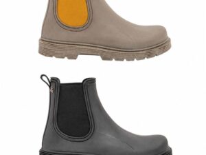 Botas de agua barefoot El Naturalista Chuva Rubber en colores topo con elástico mostaza y negro, mostradas en vista lateral.