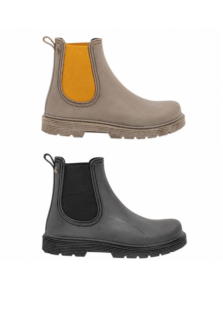 Botas de agua barefoot El Naturalista Chuva Rubber en colores topo con elástico mostaza y negro, mostradas en vista lateral.