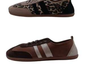 Deportiva barefoot mujer con estampado animal print y otra en marrón con plateado, suela flexible.