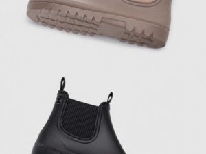 Comparativa del perfil de las botas de agua Igor Alex en negro y topo junto al detalle de la suela trackeada
