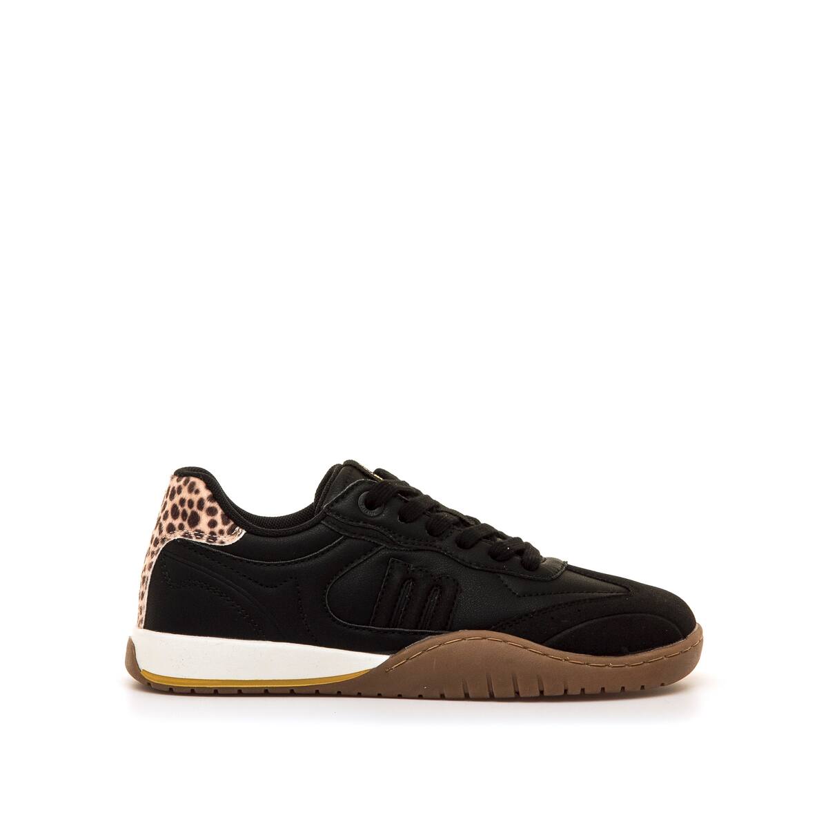Zapatilla retro barefoot vegana Mustang Free color negro con detalle leopardo - vista lateral