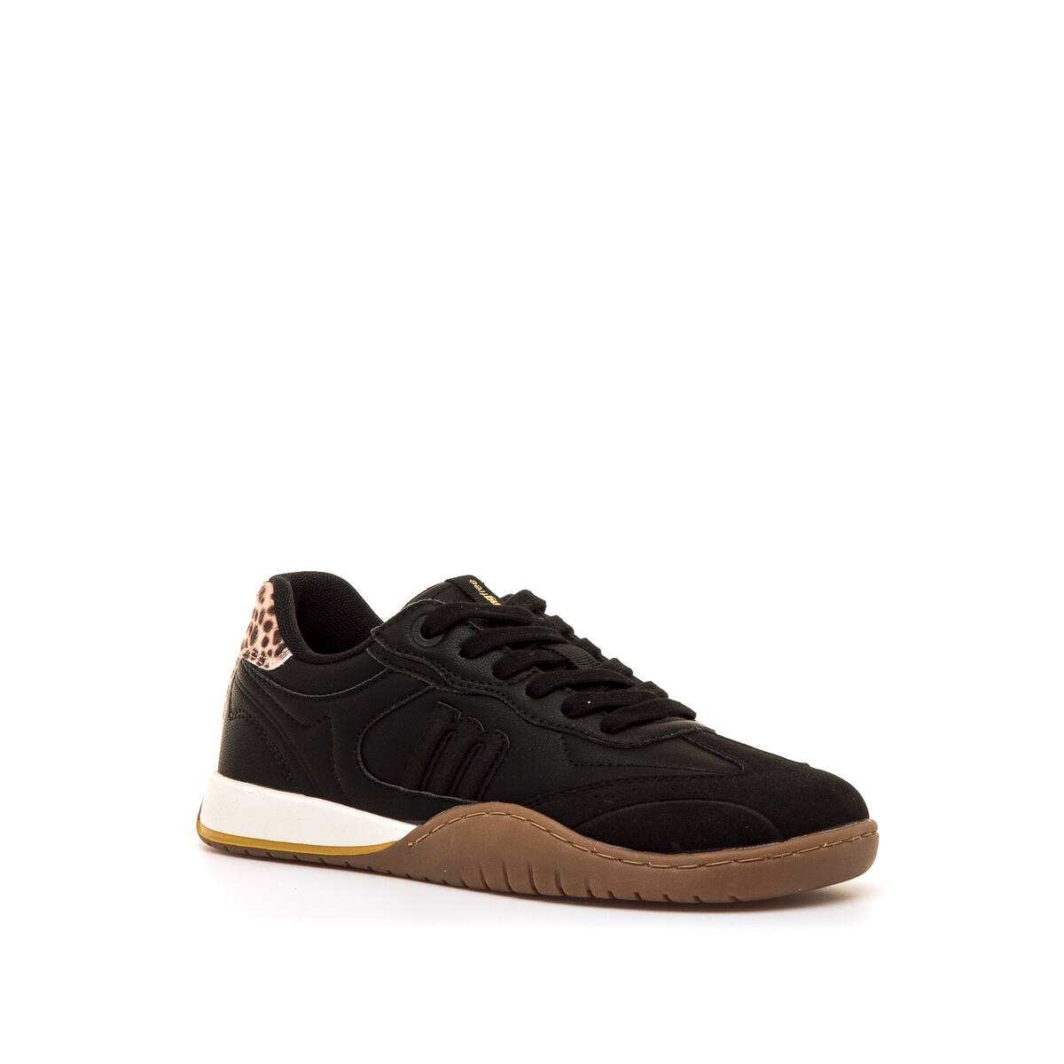Zapatilla retro barefoot vegana Mustang Free color negro con detalle leopardo - vista tres cuartos