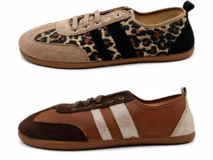 Comparativa de las zapatillas barefoot Batilas en sus dos acabados disponibles: estampado leopardo y serraje marrón