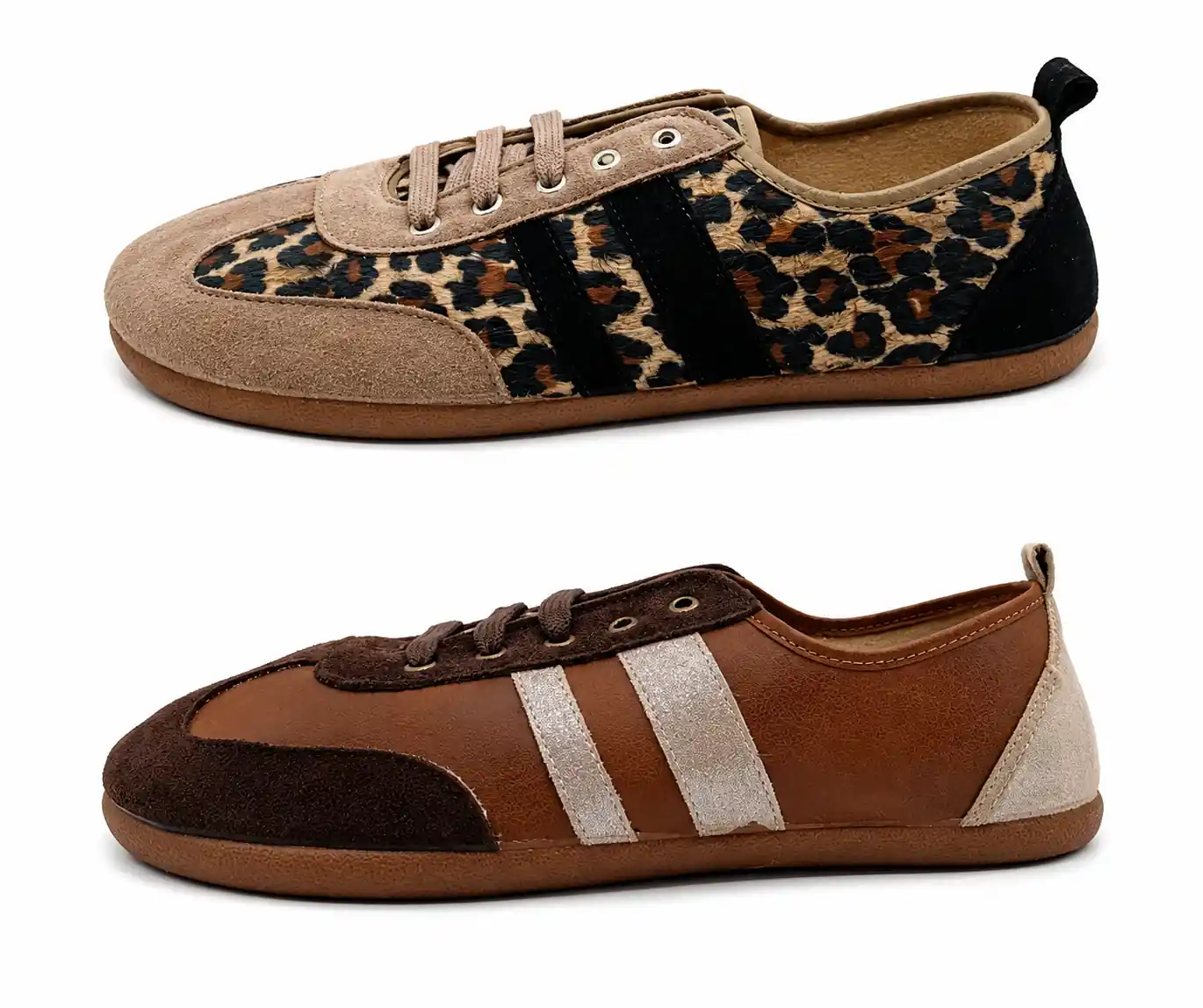 Comparativa de las zapatillas barefoot Batilas en sus dos acabados disponibles: estampado leopardo y serraje marrón
