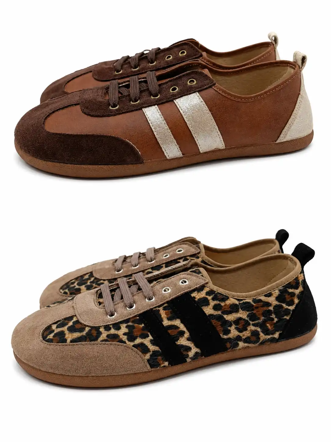 Zapatillas barefoot Batilas para mujer disponibles en serraje y peil vegana marrón y en estampado leopardo, calzado flexible y cómodo para uso diario