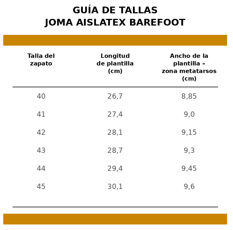 guía de tallas botas hombre joma aislatex impermeable