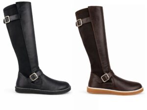 Botas altas barefoot Coqueflex Noria en negro y marrón — bota minimalista mujer cero drop, piel de vacuno, tallas 37-42