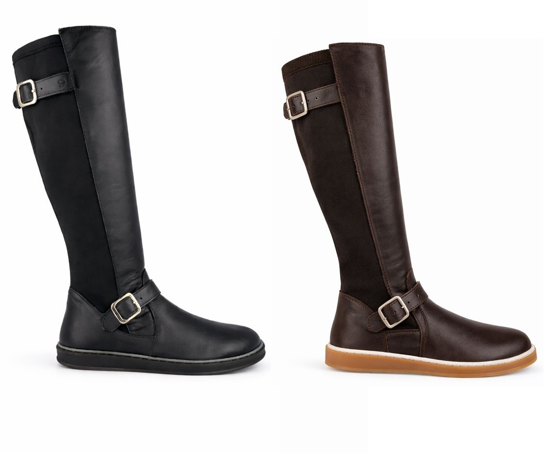 Botas altas barefoot Coqueflex Noria en negro y marrón — bota minimalista mujer cero drop, piel de vacuno, tallas 37-42