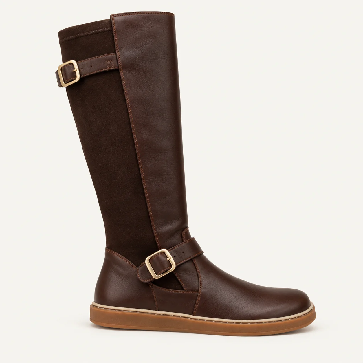 Perfil lateral bota alta barefoot Coqueflex Noria Brown — suela flexible cero drop 3,5 mm