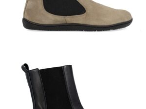 Botines chelsea barefoot mujer Coqueflex Nara en serraje beige y piel negra, vista lateral