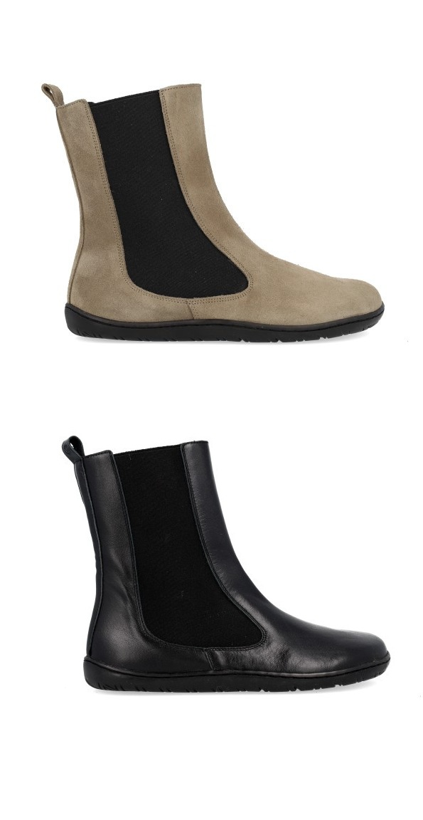 Botines chelsea barefoot mujer Coqueflex Nara en serraje beige y piel negra, vista lateral