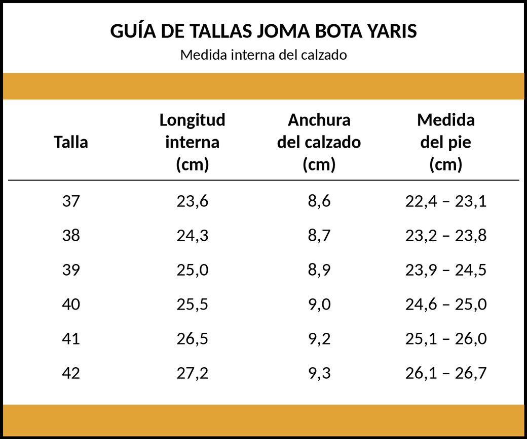 Guía de tallas Joma Bota Yaris mujer: longitud interna, anchura del calzado y medida del pie en cm, tallas 37 a 42